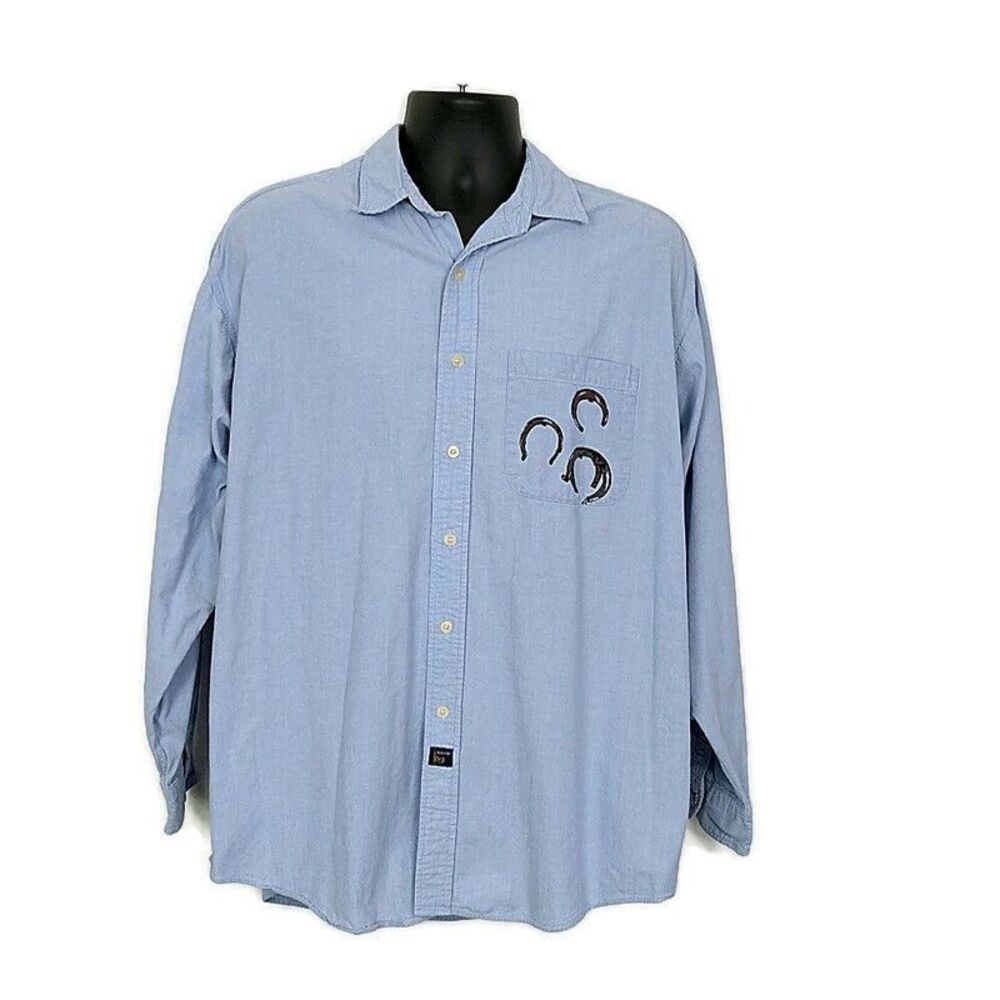 💥5/$25 Vintage Arrow Mens sz L Shirt Blue Button Up Collar Long Sleeve Western